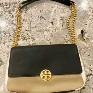 GUC Tory Burch leathertri-color shoulder bag - black/tan/cream.